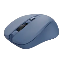 Trust Mydo Silent bleu, vue latérale en angle: molette et bouton DPI visibles sur le corps mat