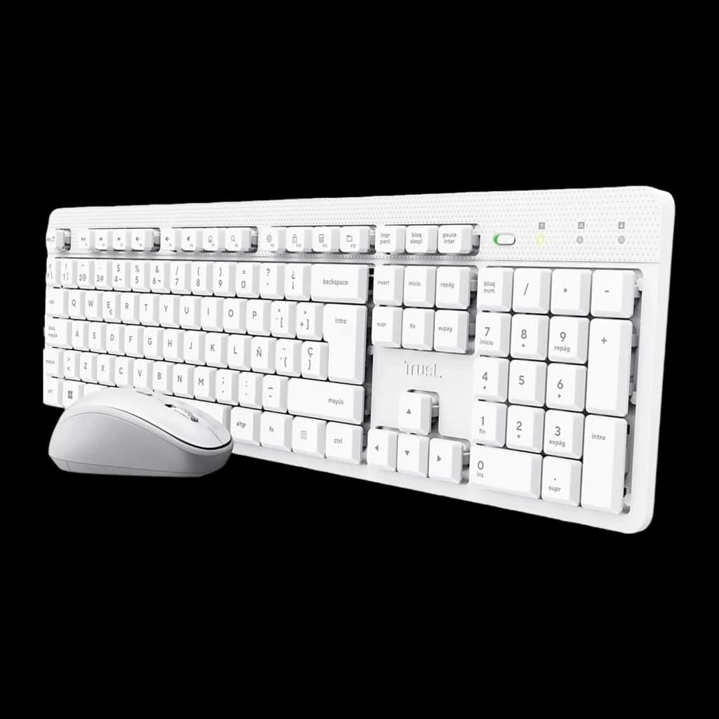 Trust Ody II Wireless QWERTY Espagnol Blanc, vue en perspective: touches QWERTY, pavé numérique, témoins LED et souris