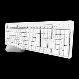 Trust Ody II Wireless QWERTY Espagnol Blanc, vue en perspective: touches QWERTY, pavé numérique, témoins LED et souris