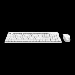 Trust Ody II Wireless QWERTY Espagnol Blanc, vue de face: clavier complet et souris en angle bas sur fond noir