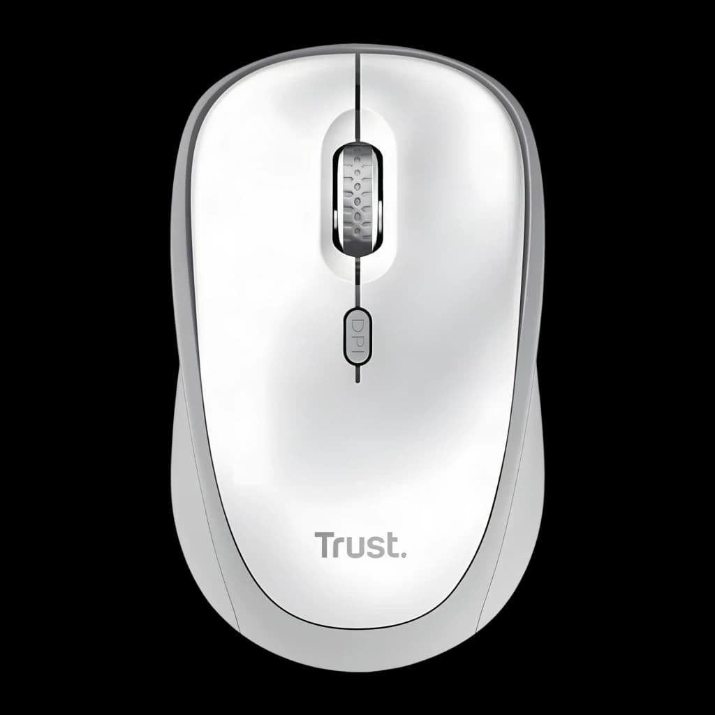 Trust Ody II Wireless blanc, vue du dessus: souris sans fil avec molette grise et bouton DPI central