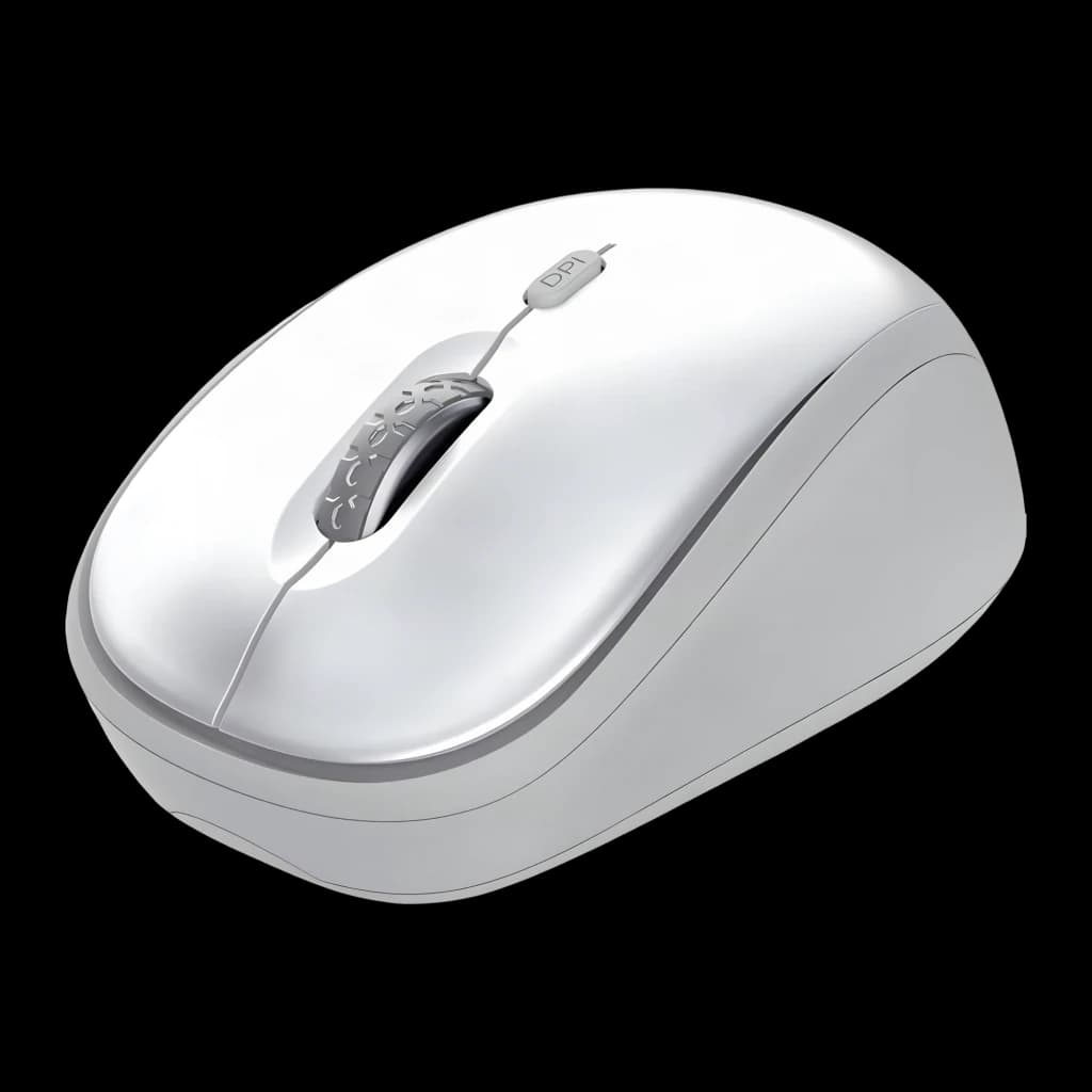 Trust Ody II Wireless blanc, souris vue latérale: molette DPI argentée et corps compact en angle trois quarts