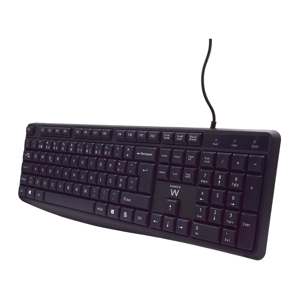 Ewent clavier QWERTY portugais silencieux USB noir, vue de dessus: disposition complète des touches et pavé numérique - Ítem1