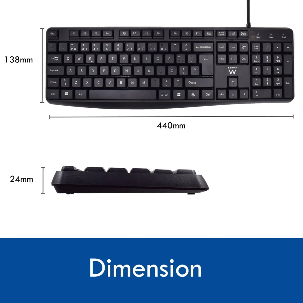 Ewent clavier QWERTY portugais silencieux USB noir, vue de dessus: disposition complète des touches et pavé numérique - Ítem4