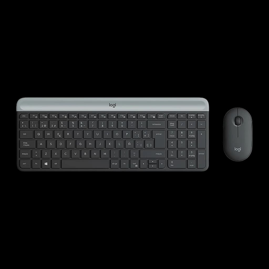 Logitech MK470 Slim Combo grafite, vista superior: teclado compacto e rato sem fio com barra prateada e logo logi