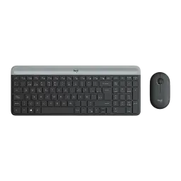 Logitech MK470 Slim Combo grafite, vista superior: teclado compacto e rato sem fio com barra prateada e logo logi