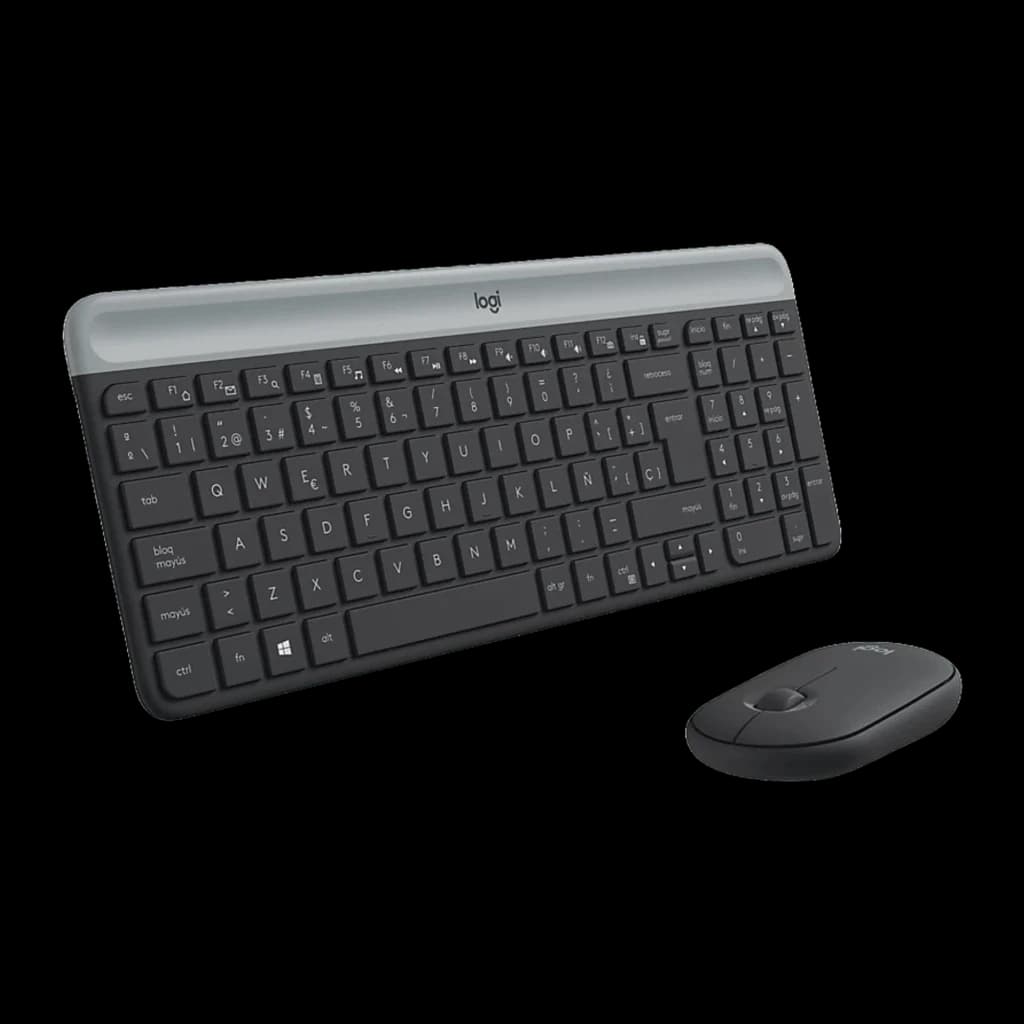 Logitech MK470 Slim Combo Grafite, vista em ângulo: teclado compacto com borda cinza e rato sem fios grafite