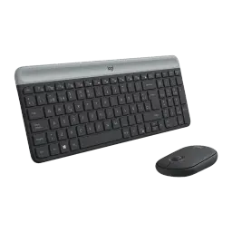 Logitech MK470 Slim Combo Grafite, vista em ângulo: teclado compacto com borda cinza e rato sem fios grafite
