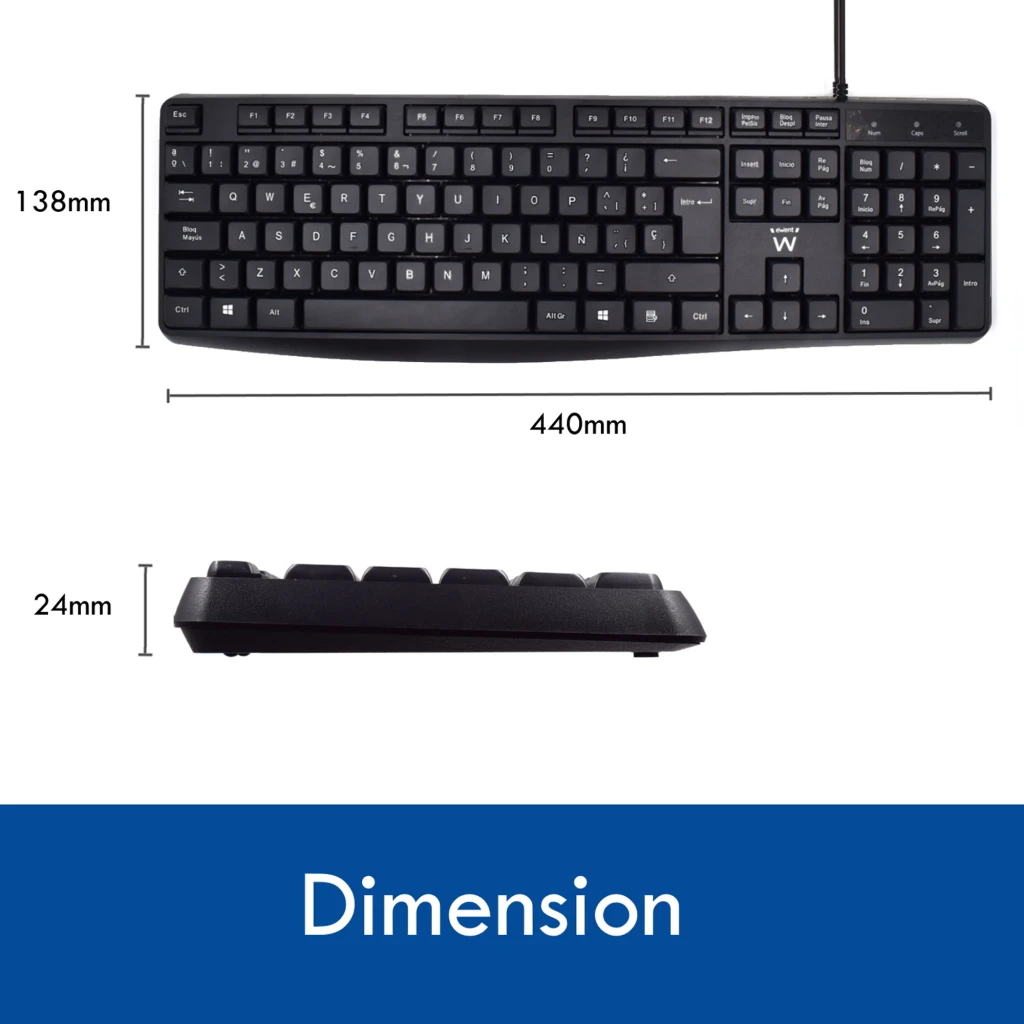 Ewent Clavier Business Silencieux USB noir, vue de dessus: disposition complète espagnole avec pavé numérique et câble USB - Ítem2