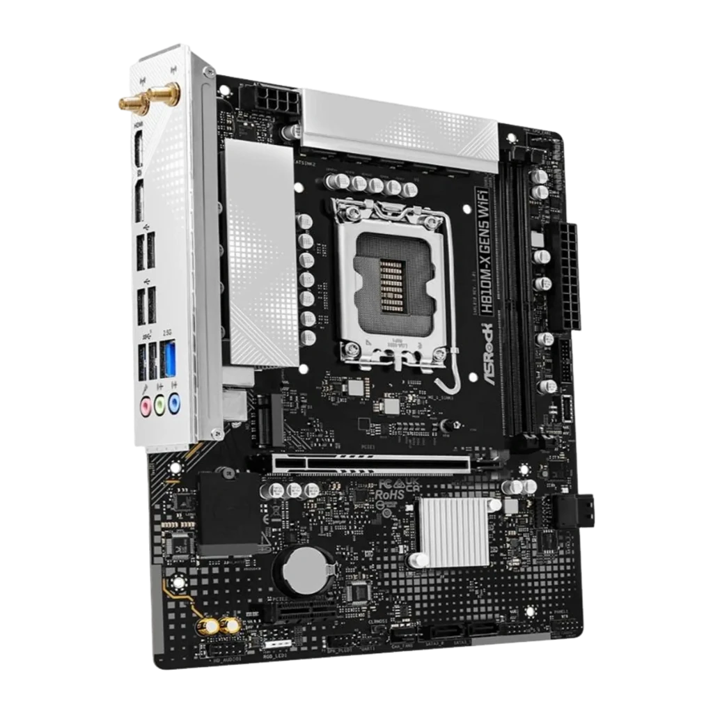 ASRock H810M-X Gen5 WiFi micro ATX 64GB, vue de face: socket LGA, dissipateurs VRM argentés et slots DDR5 - Ítem1