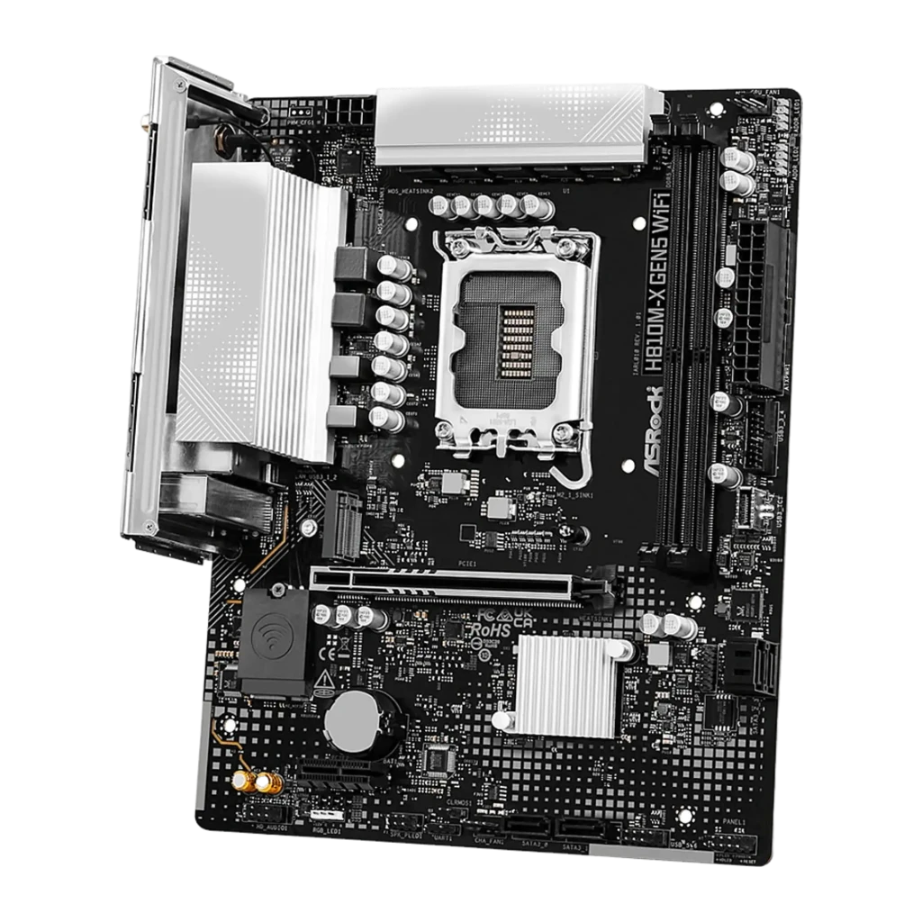 ASRock H810M-X Gen5 WiFi micro ATX 64GB, vue de face: socket LGA, dissipateurs VRM argentés et slots DDR5 - Ítem2