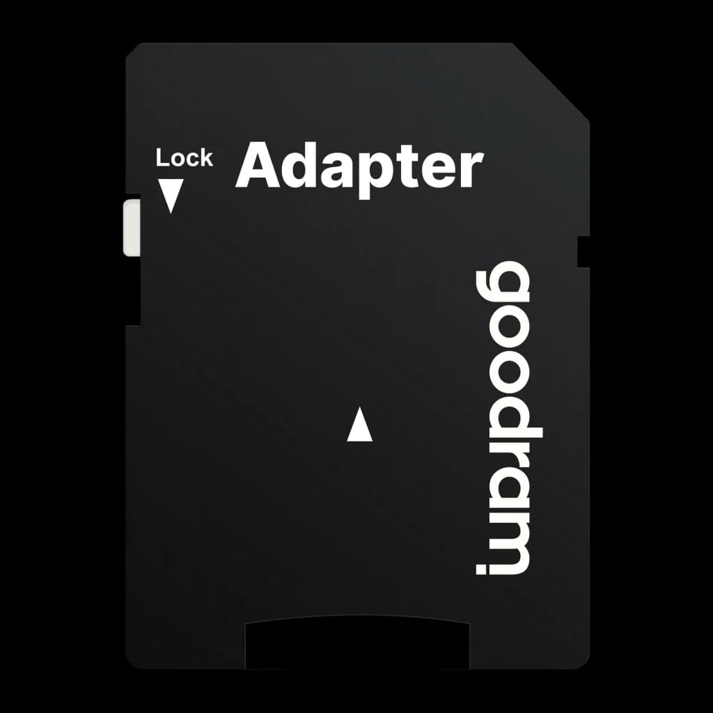 GoodRam MicroSDHC 32GB noir, vue de face: adaptateur SD noir avec texte Adapter et logo goodram