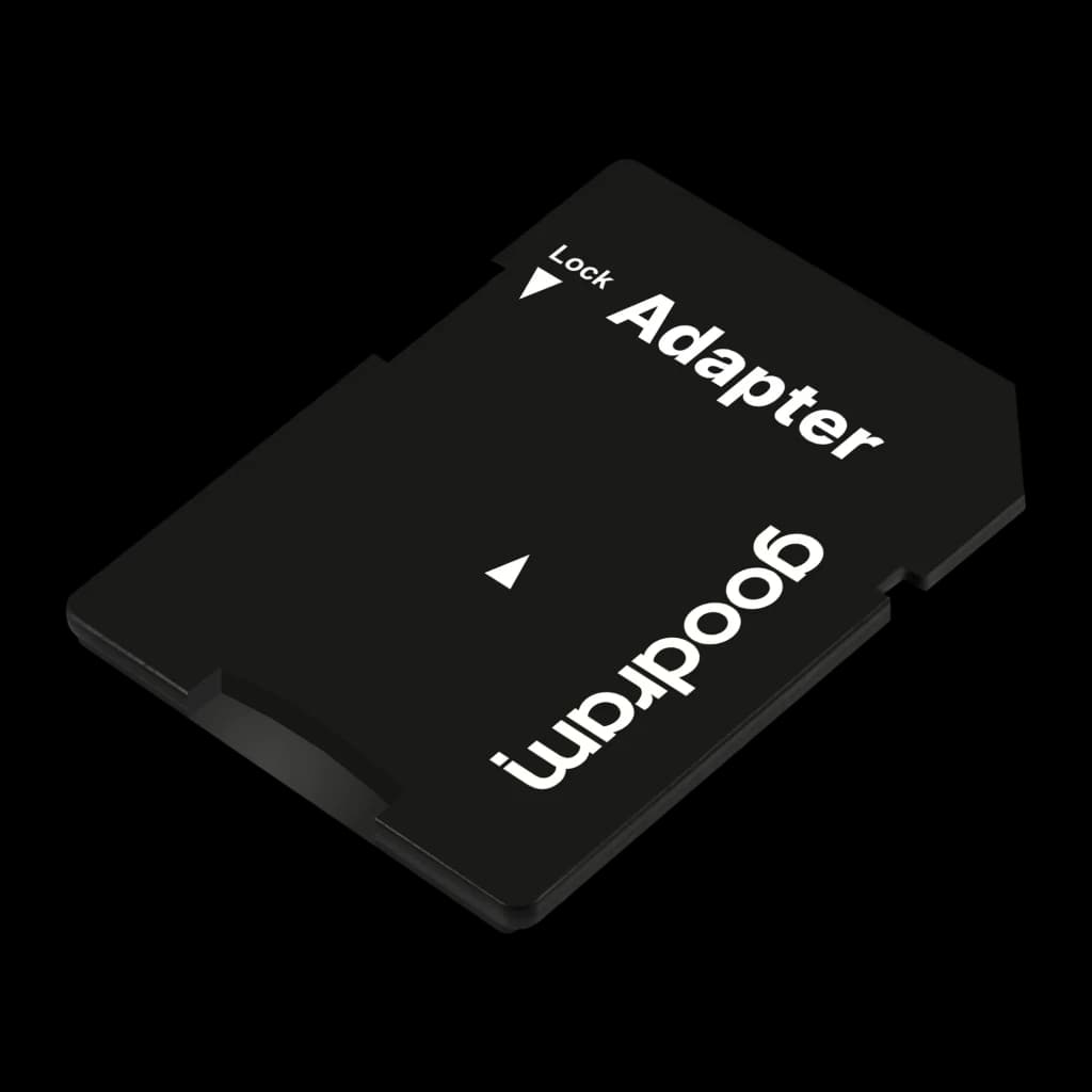 GoodRam MicroSDHC 32GB noir, vue en perspective: adaptateur SD noir en angle montrant l'épaisseur et les bords
