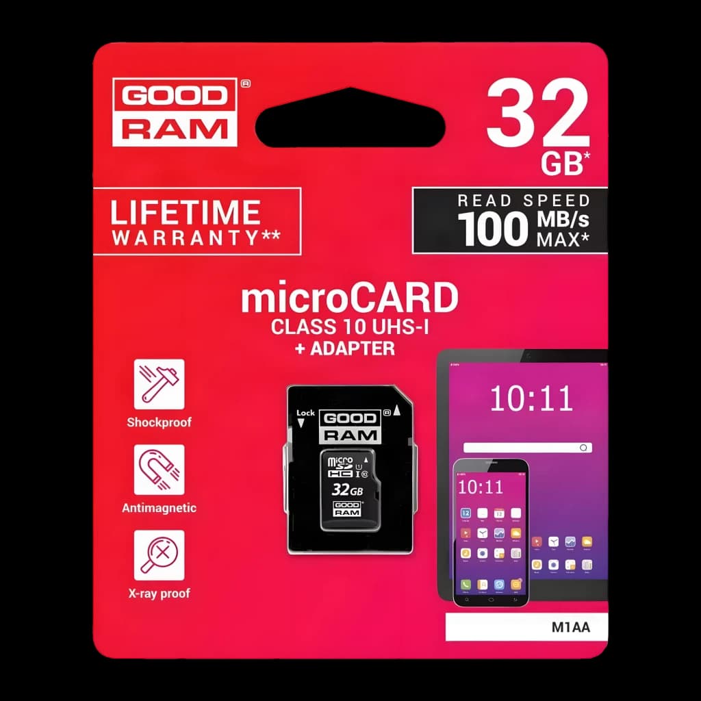 GoodRam MicroSDHC 32GB noir, emballage avant: boîte rouge avec carte, adaptateur SD et spécifications Class 10 UHS-I