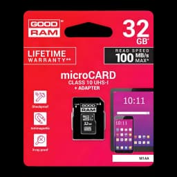 GoodRam MicroSDHC 32GB noir, emballage avant: boîte rouge avec carte, adaptateur SD et spécifications Class 10 UHS-I