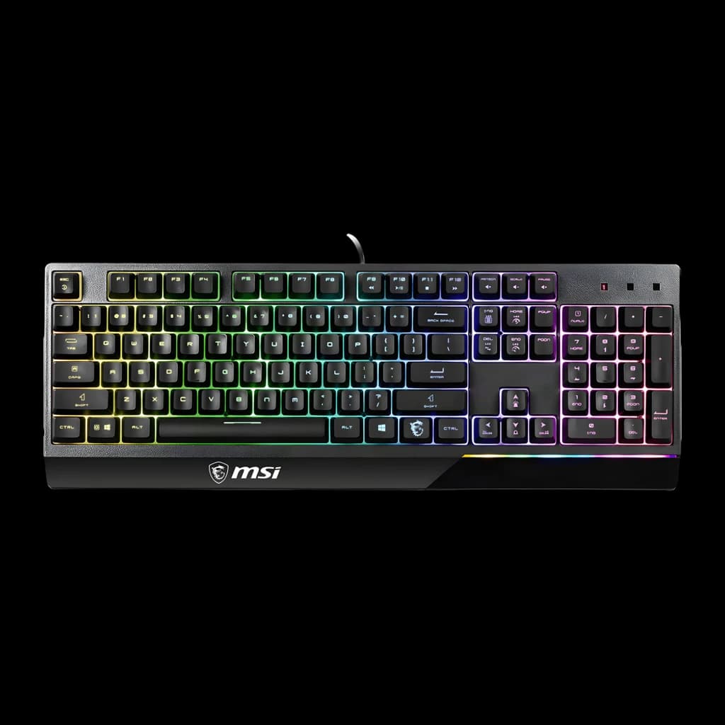 MSI Teclado Vigor GK30 QWERTY Espanhol preto, vista superior: retroiluminação RGB multicolor nas teclas e barra frontal