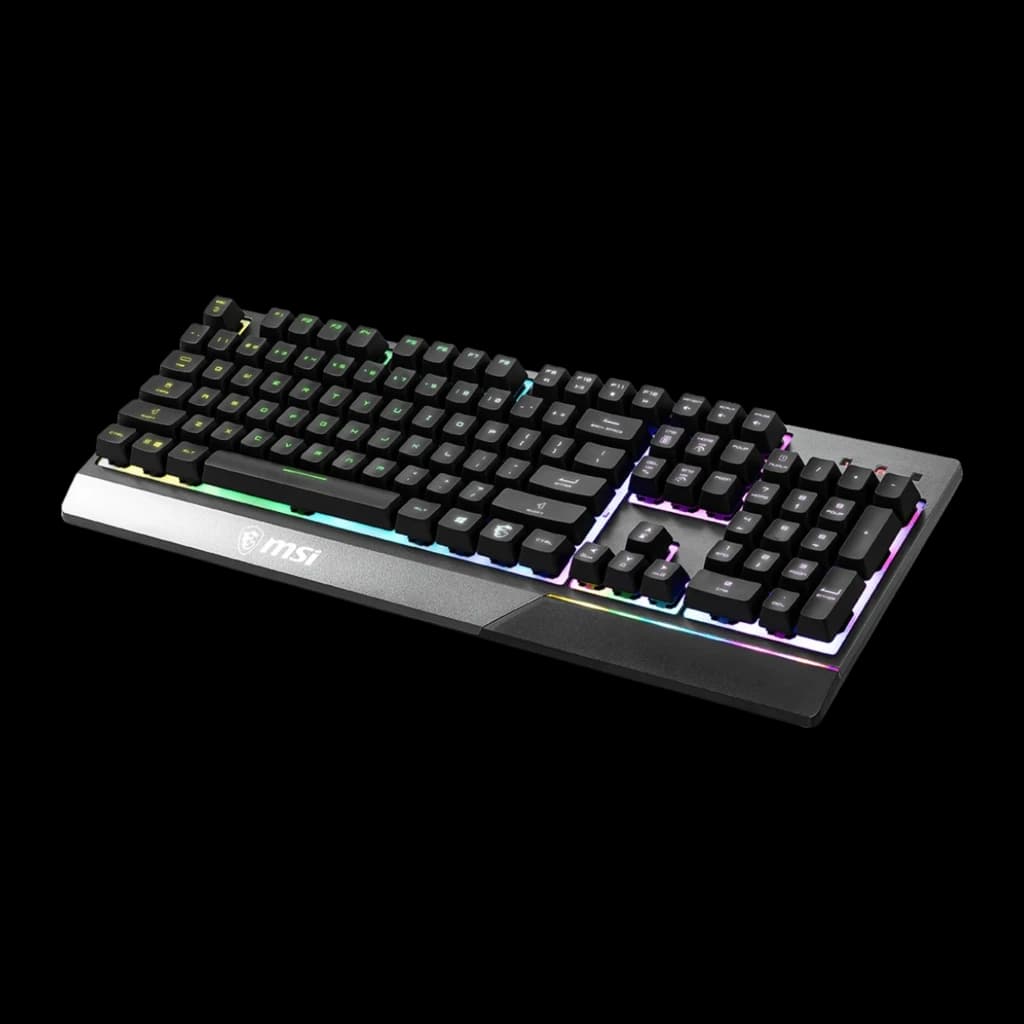 MSI Vigor GK30 QWERTY Espanhol preto, vista em ângulo frontal direito: apoio de pulso integrado e retroiluminação RGB
