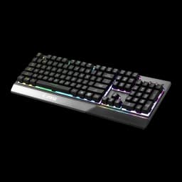 MSI Vigor GK30 QWERTY Espanhol preto, vista em ângulo frontal direito: apoio de pulso integrado e retroiluminação RGB
