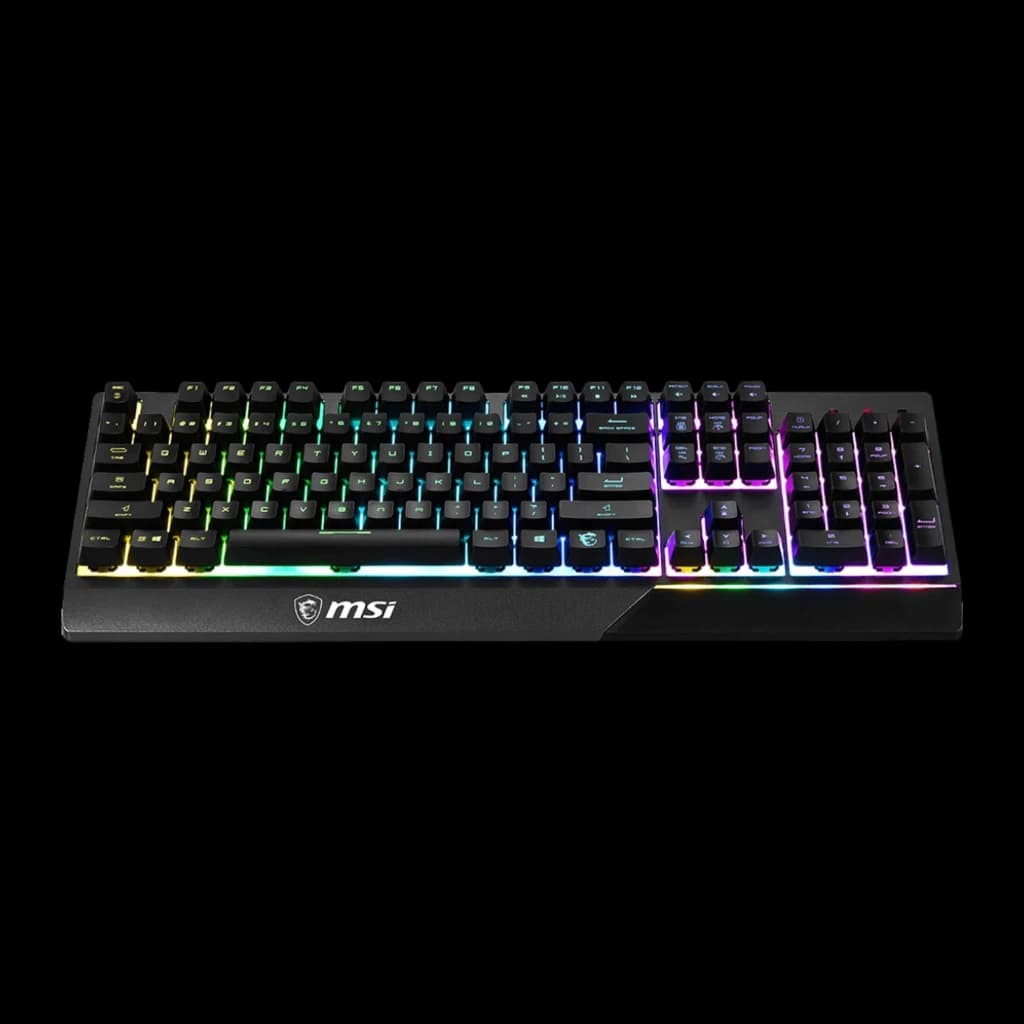 MSI Vigor GK30 QWERTY Espanhol preto, vista superior frontal: disposição completa de teclas QWERTY e faixa RGB na base