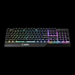 MSI Vigor GK30 QWERTY Espanhol preto, vista superior frontal: disposição completa de teclas QWERTY e faixa RGB na base