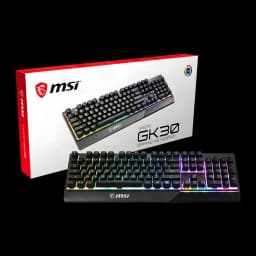 MSI Vigor GK30 preto, vista com caixa: teclado gaming RGB retroiluminado ao lado da embalagem