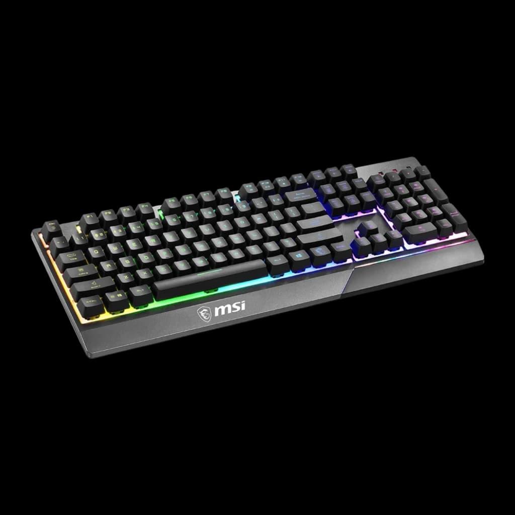 MSI Vigor GK30 QWERTY Espanhol preto, vista em ângulo frontal esquerdo: teclado completo com retroiluminação RGB multicolor