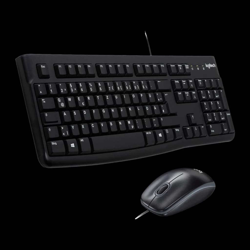 Logitech Kit Teclado y Ratón MK120 Negro, vista en ángulo: teclado completo con teclado numérico y ratón con cable