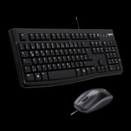 Logitech Kit Teclado y Ratón MK120 Negro, vista en ángulo: teclado completo con teclado numérico y ratón con cable