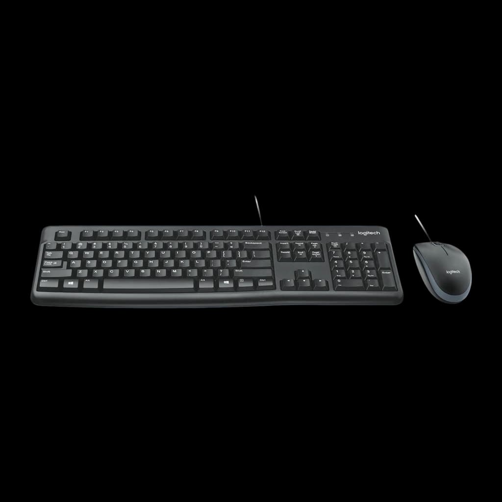 Logitech Kit Teclado y Ratón MK120 Negro, vista frontal: conjunto teclado y ratón con cable vistos desde arriba