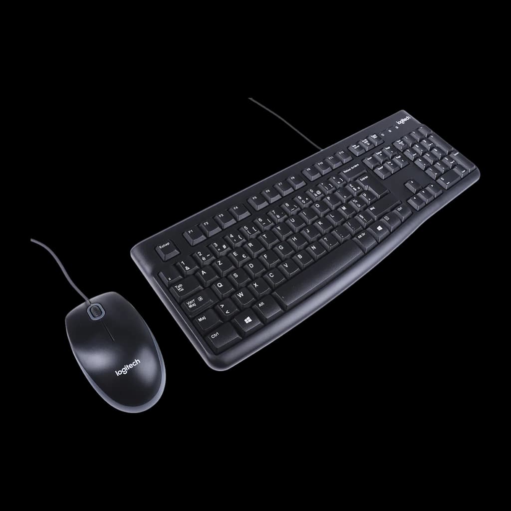 Logitech Kit Teclado y Ratón MK120 Negro, vista cenital: ratón a la izquierda y teclado en ángulo con logo visible