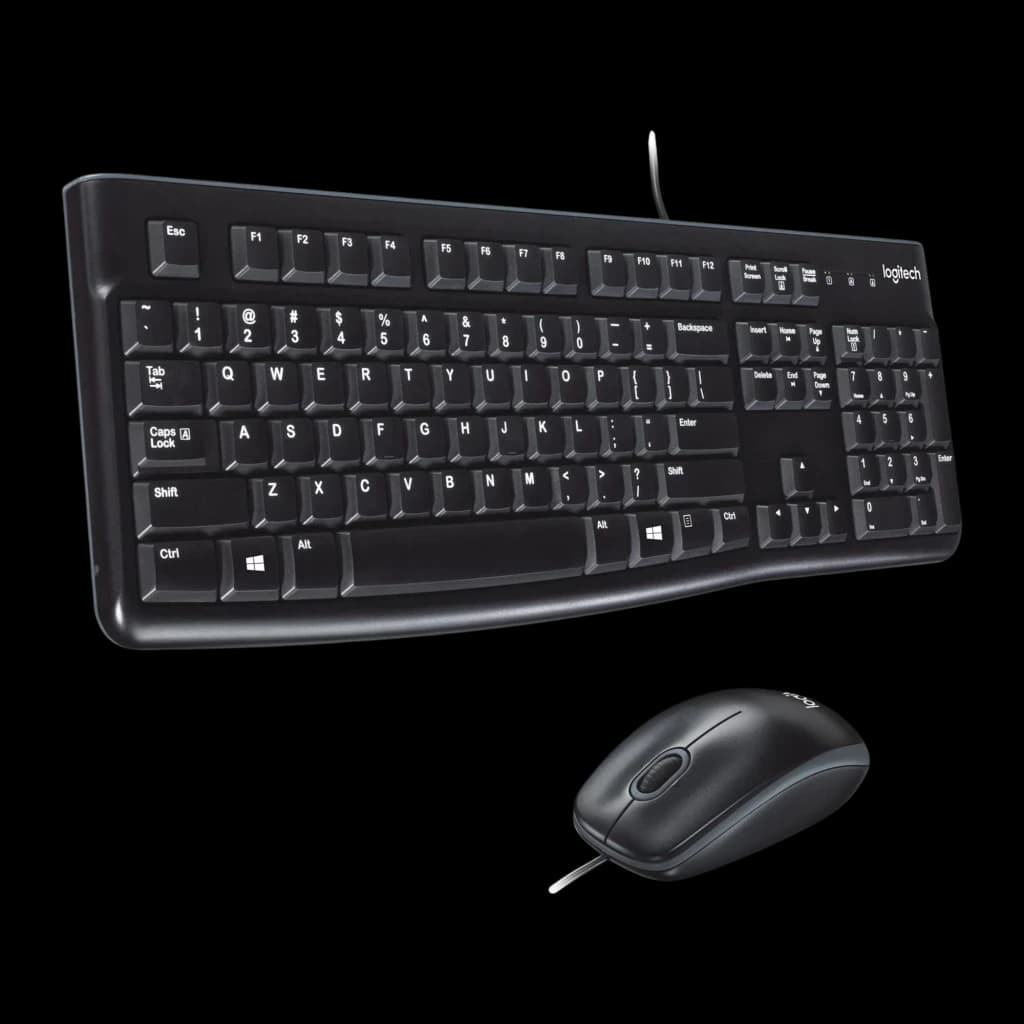 Logitech Desktop MK120 negro, vista en perspectiva: teclado QWERTY y ratón con cable, teclas blancas visibles