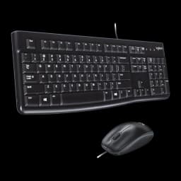 Logitech Desktop MK120 negro, vista en perspectiva: teclado QWERTY y ratón con cable, teclas blancas visibles