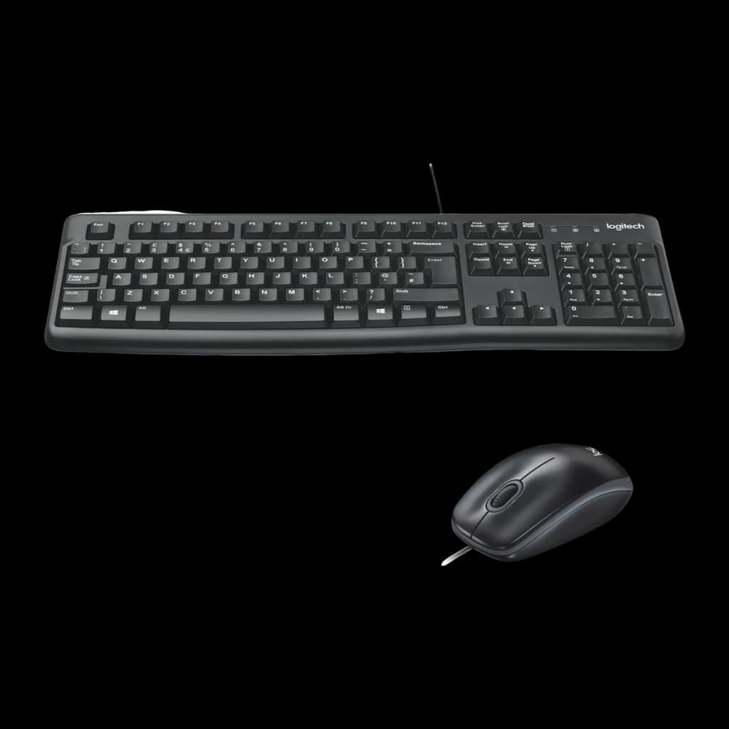 Logitech Desktop MK120 negro, vista frontal elevada: teclado completo con teclado numérico y ratón separados