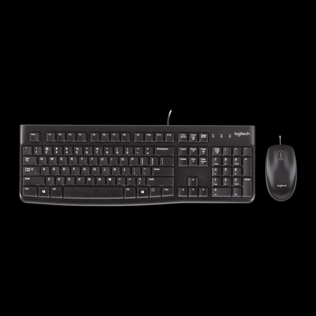 Logitech Desktop MK120 negro, vista cenital: teclado y ratón en disposición horizontal, logo Logitech en ratón