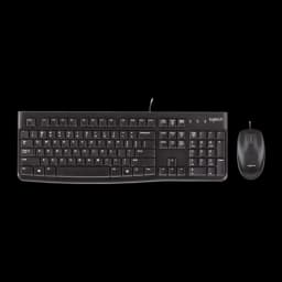 Logitech Desktop MK120 negro, vista cenital: teclado y ratón en disposición horizontal, logo Logitech en ratón
