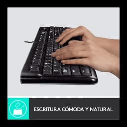 Logitech Kit teclado ratón Desktop MK120 USB QWERTY negro, uso: manos escribiendo sobre el teclado negro en ángulo lateral