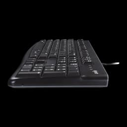 Logitech Kit teclado ratón Desktop MK120 USB QWERTY negro, vista lateral: perfil bajo del teclado con teclas negras y logo