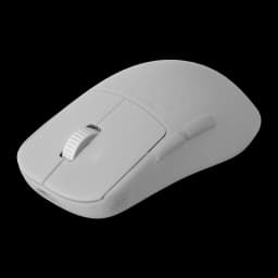 Endgame Gear OP1w 4K Wireless blanc, vue latérale avant en angle: profil ergonomique, molette et boutons latéraux visibles