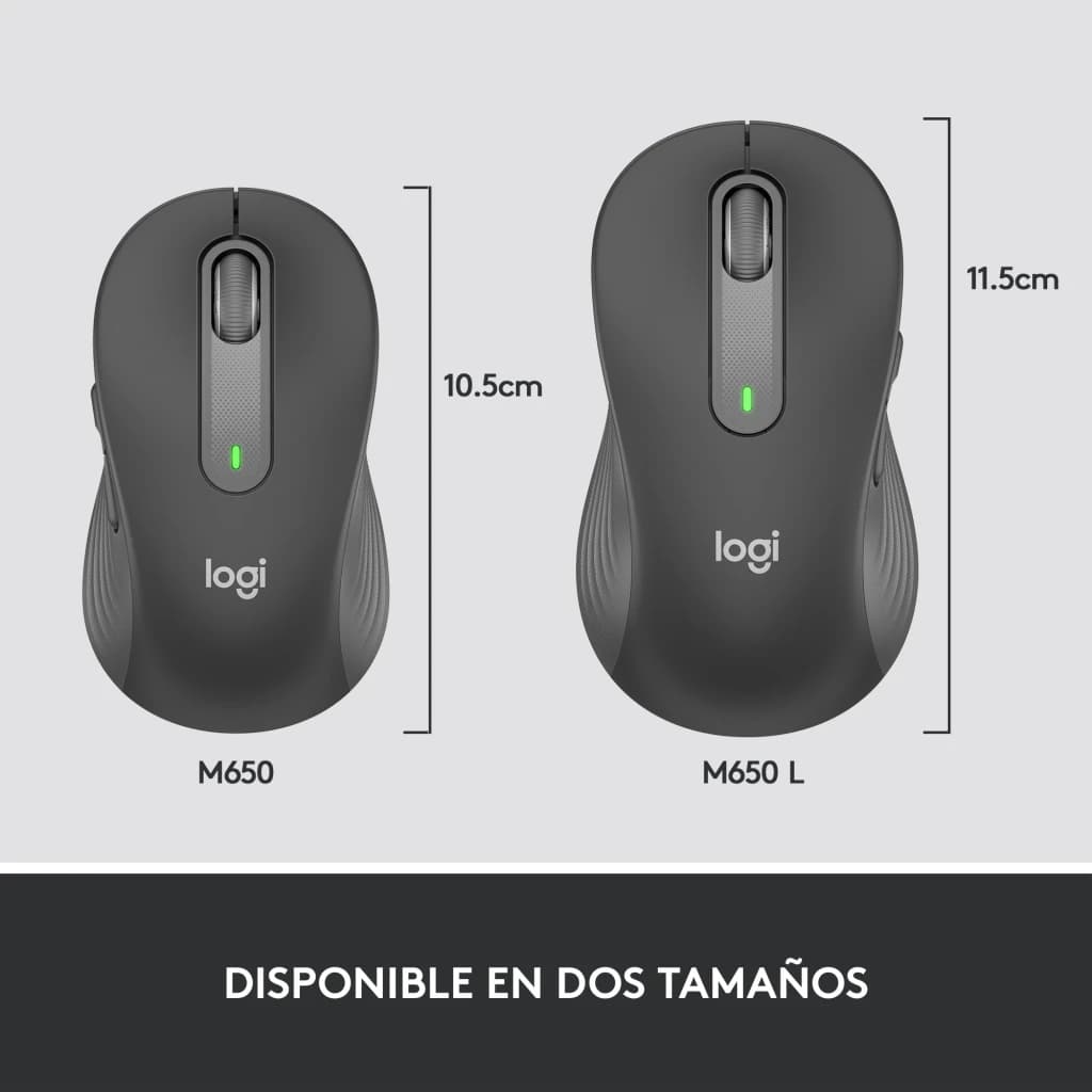 Logitech Signature M650 L Grafite, comparação de tamanhos: M650 (10,5 cm) e M650 L (11,5 cm) vistos de cima