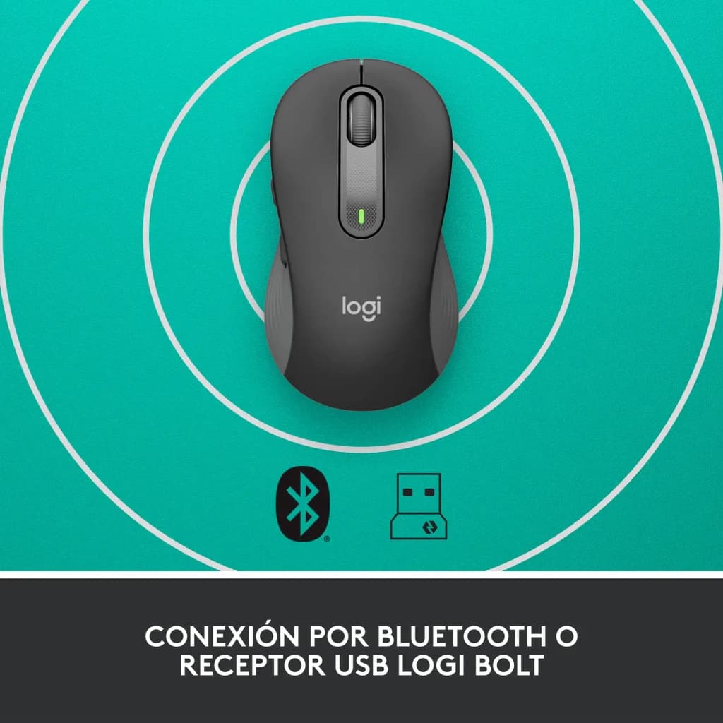 Logitech Rato Signature M650 L Grafite, vista superior: conexão Bluetooth e recetor USB Logi Bolt em fundo turquesa