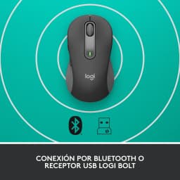 Logitech Rato Signature M650 L Grafite, vista superior: conexão Bluetooth e recetor USB Logi Bolt em fundo turquesa