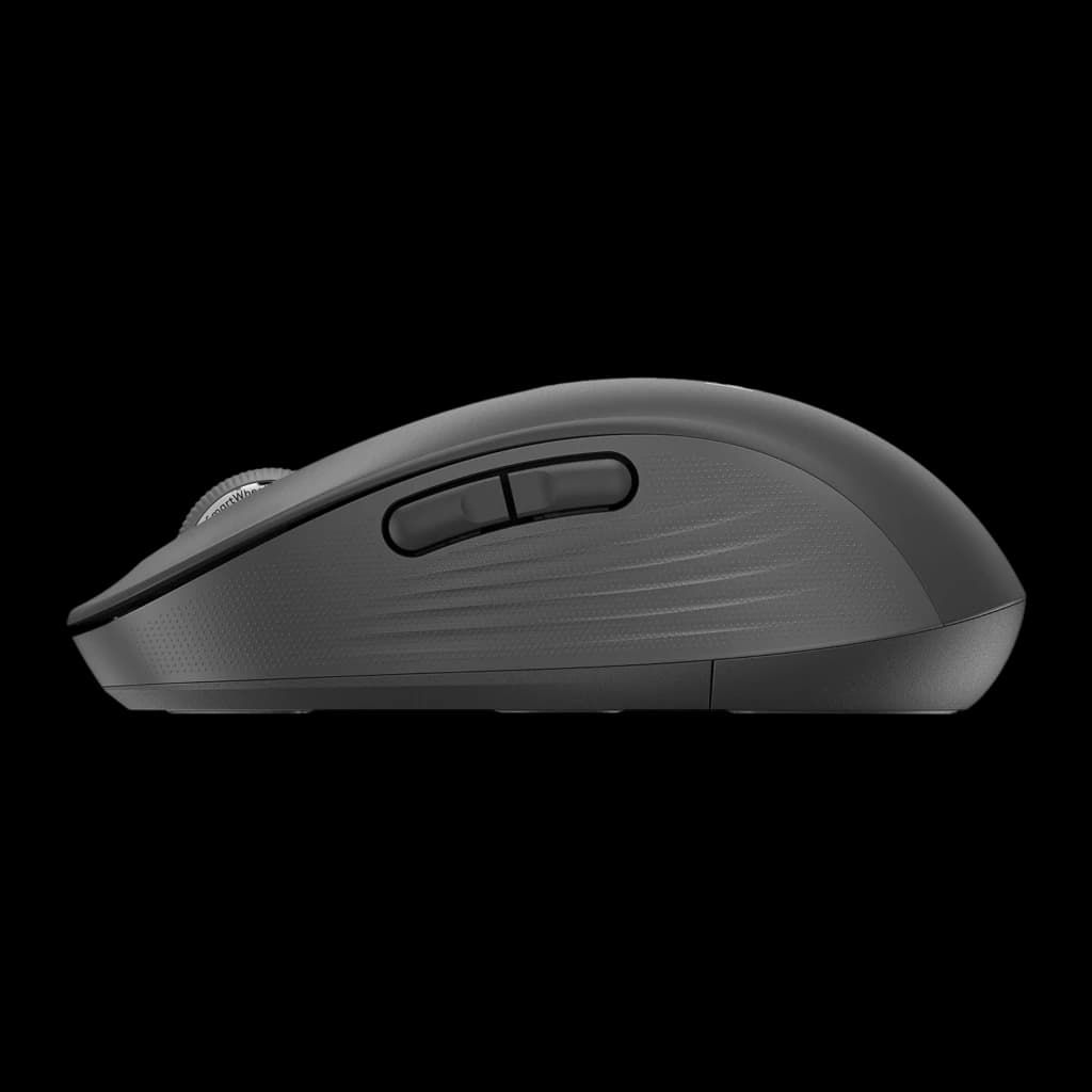 Logitech Rato Signature M650 L Grafite, vista lateral: botões laterais e textura ondulada em cinza escuro