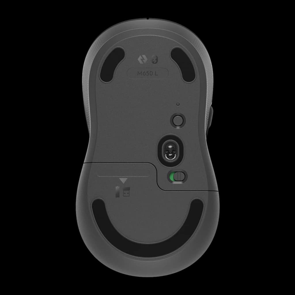 Logitech Rato Signature M650 L Grafite, vista inferior: sensor ótico, interruptor on/off verde e compartimento do receptor