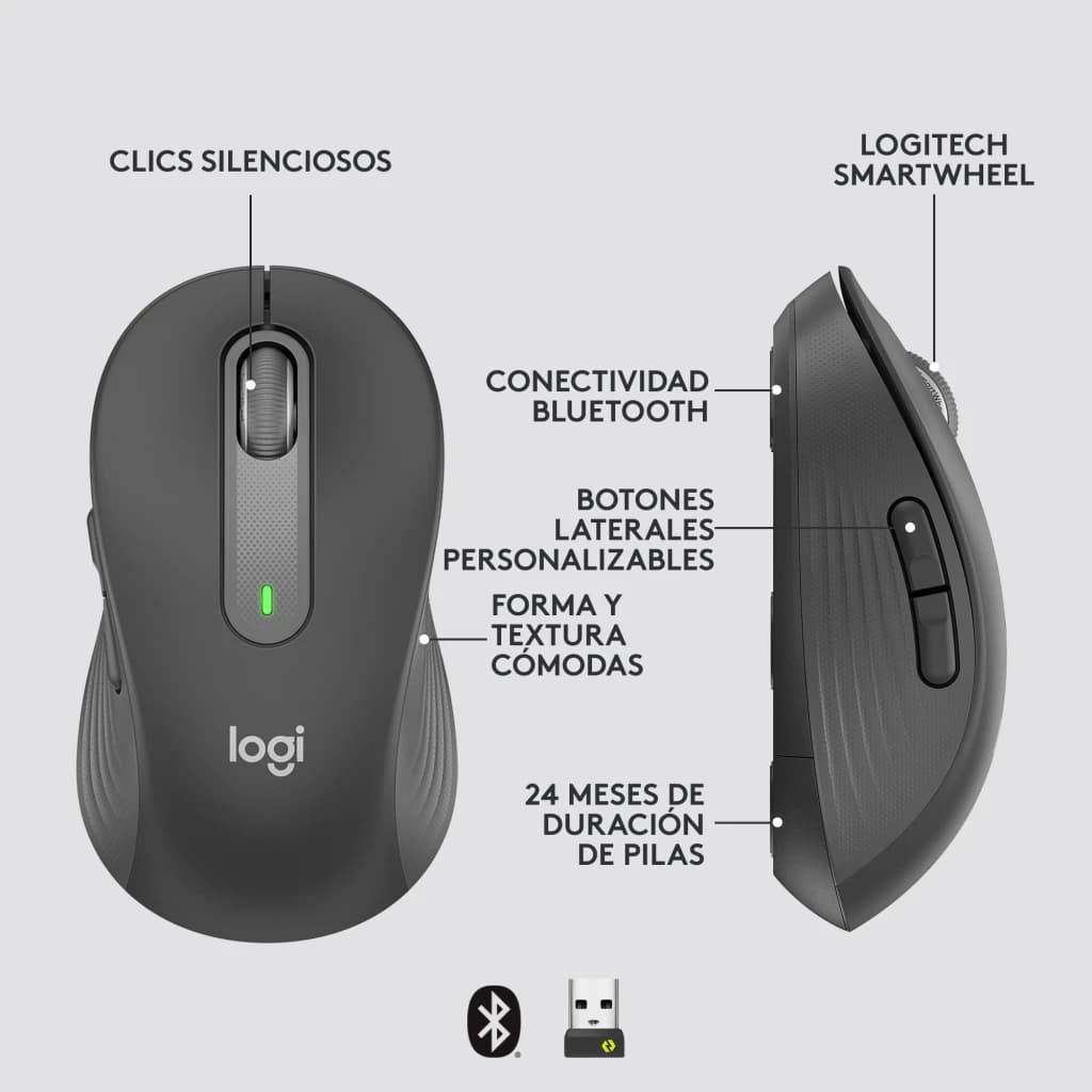 Logitech Rato Signature M650 L Grafite, infografia: vistas superior e lateral com características principais assinaladas