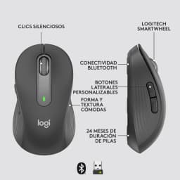 Logitech Rato Signature M650 L Grafite, infografia: vistas superior e lateral com características principais assinaladas