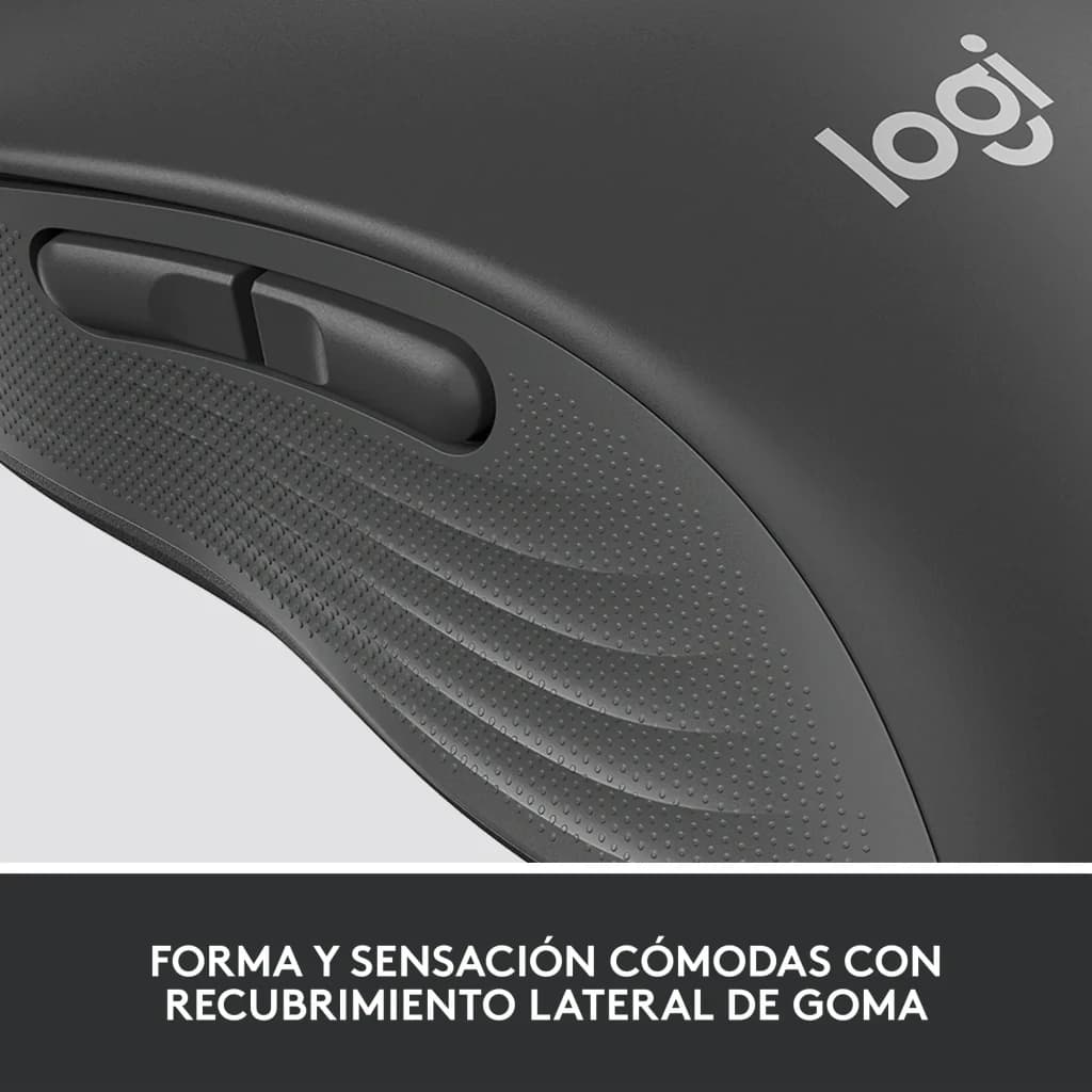 Logitech Rato Signature M650 L Grafite, vista lateral: revestimento de borracha texturizado e botões laterais em detalhe
