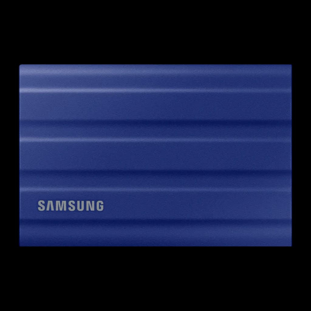 Samsung SSD Portable T7 Shield 2TB bleu, vue de face: surface nervurée avec logo Samsung