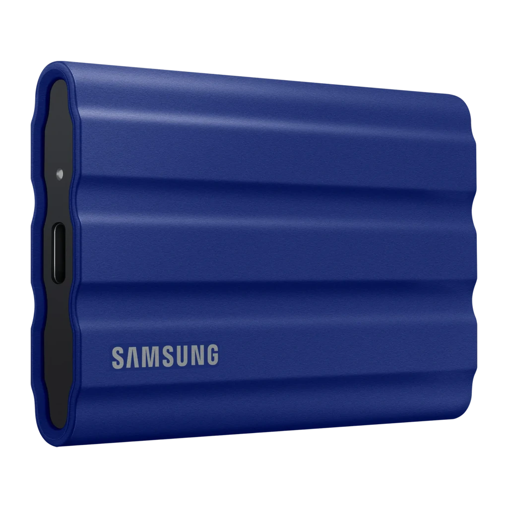 Samsung SSD Portable T7 Shield 2TB bleu, vue de face: surface nervurée avec logo Samsung - Ítem1
