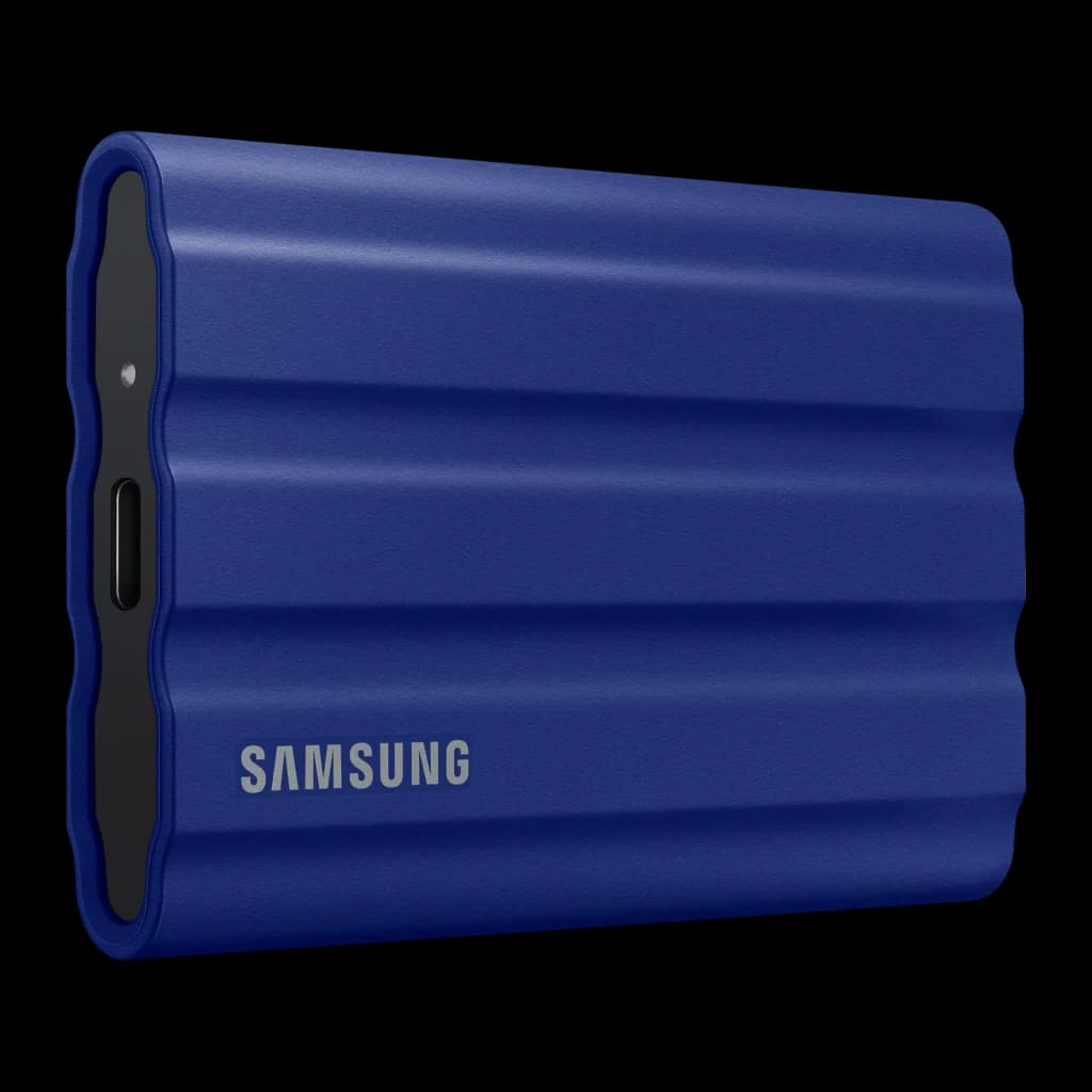 Samsung SSD Portable T7 Shield 2TB bleu, vue latérale gauche: port USB-C et LED visibles