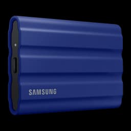 Samsung SSD Portable T7 Shield 2TB bleu, vue latérale gauche: port USB-C et LED visibles